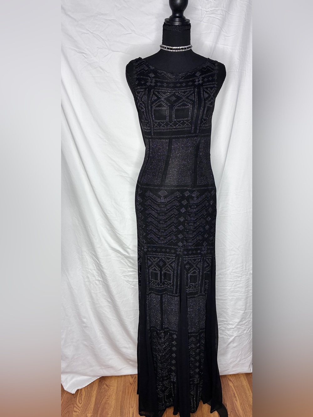 Vintage 90s Cache Black Embellished Geometric Maxi Gown Dress